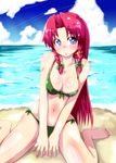  barefoot beach bikini blue_eyes braid breasts cleavage cloud day front-tie_top highres hong_meiling kaname_nagi large_breasts long_hair looking_at_viewer nail_polish navel ocean outdoors red_hair sitting solo swimsuit symbol-shaped_pupils touhou twin_braids wariza 