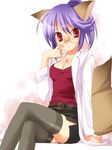  animal_ears blue_hair canine female fox foxgirl glasses hair hentai kemonomimi kitsune kitsunemimi looking_at_viewer multiple_tails necklace ponytail red_eyes short_blue_hair short_hair sitting soft solo tail thigh_highs unknown_artist 