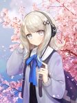  1girl backpack bag bangs blue_cardigan blue_neckwear blue_ribbon blush cardigan character_request cherry_blossoms closed_mouth commentary day expressionless eyebrows_visible_through_hair forever_7th_capital grey_eyes hair_ornament hairclip hand_in_hair hand_up headphones highres long_hair long_sleeves looking_at_viewer neck_ribbon open_cardigan open_clothes outdoors petals revision ribbon school_uniform sidelocks silhouette solo spring_(season) ssumbi swept_bangs symbol_commentary tree upper_body 
