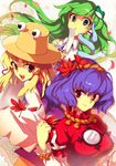  bad_id bad_pixiv_id blonde_hair breasts frog gohei green_eyes green_hair hair_ornament hat kochiya_sanae kogiso long_hair medium_breasts mirror moriya_suwako multiple_girls purple_hair red_eyes short_hair smile snake touhou wide-eyed yasaka_kanako yellow_eyes 