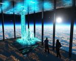  3d building crowd earth front_mission front_mission_gun_hazard multiple_boys science_fiction skyscraper space space_elevator sun trbrchdm 