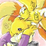  all_fours blue_eyes breasts canine chest_tuft cum digimon doggy_position elbow_gloves female fox from_behind kitsune male miles_prower mobian multiple_tails orange panting raised_tail renamon senbon sonic_(series) straight tail yellow 