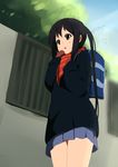  bag black_hair brown_eyes k-on! long_hair mittens nakano_azusa scarf school_uniform solo sora_to_umi twintails 