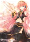  blue_eyes effier_kyo headphones long_hair megurine_luka navel one_eye_closed pink_hair side_slit smile solo standing thighhighs vocaloid 