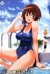  :d absurdres arm_support azumanga_daiou blush breasts brown_eyes brown_hair chiyo_chichi cleavage cloud covered_nipples highres kagura_(azumanga_daiou) large_breasts mihama_chiyo multiple_girls one-piece_swimsuit open_mouth pool_ladder poolside satou_shouji scan school_swimsuit short_hair sitting sky smile swimsuit twintails upper_teeth wet 
