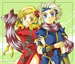  1boy 1girl aosena armor blonde_hair blue_eyes ceodore_harvey china_dress chinadress chinese_clothes dress female final_fantasy final_fantasy_iv final_fantasy_iv_the_after flower hair_ornament long_hair lowres male scarf short_hair silver_hair twintails ursula_leiden yellow_eyes 