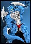  bulge chaos61988 claws digimon dragon exveemon face_markings horns looking_at_viewer male markings muscles nipple_piercing nipple_ring nipples piercing red_eyes reptile scalie skimpy solo standing tail thong underwear wings xbuimonsama 