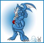  bulge chaos61988 claws digimon dragon exveemon face_markings horns looking_at_viewer male markings muscles nipple_piercing nipple_ring nipples piercing red_eyes reptile scalie skimpy solo standing tail tattoo thong tongue underwear wings xbuimonsama 