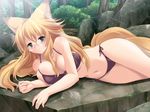  animal_ears big_breasts bikini blonde_hair blush breasts canine female forest fox foxgirl glasses green_eyes hair hentai kemonomimi kitsune kitsunemimi kyubi kyubimimi long_blonde_hair long_hair looking_at_viewer multiple_tails navel outside side-tie_bikini skimpy soft solo tail tight_clothing tree unknown_artist 