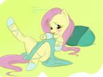  cute dress embarrassed english_text equine female feral fluttershy_(mlp) friendship_is_magic green_eyes hair horse looking_at_viewer lying mammal my_little_pony on_back pillow pink_hair plain_background pony presenting shoes solo text unknown_artist 