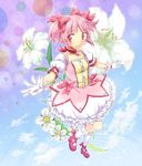  bow bubble_skirt d-nezumi flower gloves hair_bow kaname_madoka kneehighs lily_(flower) magical_girl mahou_shoujo_madoka_magica pink_eyes pink_hair shoes short_twintails skirt solo twintails white_gloves white_legwear 