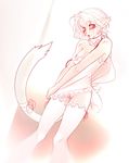  blush bottomless breasts cat exposed feline female hair pussy shy small_breasts solo stockings tsampikos upskirt 