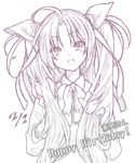  bad_id bad_pixiv_id fang graphite_(medium) hand_in_hair happy_birthday little_busters! long_hair mixed_media monochrome sasasegawa_sasami school_uniform solo traditional_media twintails yuetsuki_(ash) 