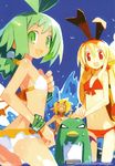  &gt;_&lt; 2girls :d akutare_(disgaea) angry antenna_hair ass back bikini bird blonde_hair blue_sky blush bracelet clenched_hand closed_eyes cloud company_name day disgaea earrings eyebrows fang flat_chest flonne flonne_(fallen_angel) frilled_bikini frills from_side front-tie_bikini front-tie_top green_eyes green_hair hair_between_eyes hair_ribbon hair_tie hairband hand_on_another's_head hand_on_hip hands_together happy harada_takehito heart heart_earrings jewelry kurtis_(disgaea) long_hair looking_at_viewer looking_back low_ponytail marona_(phantom_brave) multiple_girls navel nippon_ichi no_pupils official_art open_mouth outdoors penguin phantom_brave pointy_ears ponytail pouch red_bikini red_eyes ribbon seagull shirtless short_hair sidelocks skinny sky slit_pupils smile spiked_hair standing stitches swimsuit thick_eyebrows thumbs_up very_long_hair wading water waves white_bikini wings 