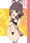  bag bee-j1 bikini blue_eyes breasts brown_hair cleavage erect_nipples hair_sniffing highres makoto_daikichi micro_bikini navel pokemon pokemon_(game) pokemon_black_and_white pokemon_bw ponytail ringed_eyes swimsuit touko_(pokemon) white_(pokemon) 