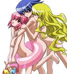  absurdres barefoot blonde_hair blue_eyes blue_hair breasts bucket highres innertube kuchinashi_(needless) legs long_hair medium_breasts mio_(needless) multiple_girls needless nude pink_hair red_eyes setsuna_(needless) short_hair sideboob small_breasts transparent_background vector_trace wavy_hair yellow_eyes yuri 