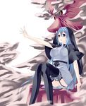  1girl absurdres black_legwear blue_eyes garter_straps hat highres hood impossible_clothes impossible_shirt kumoi_ichirin lace lace-trimmed_thighhighs open_mouth outstretched_hand reaching red_eyes shinoi shirt sitting thighhighs touhou unzan 