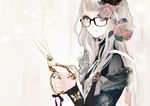  animal_print arms_up bangs blue_eyes blunt_bangs bow brooch bug butterfly butterfly_print flower frills glasses grey_hair hair_flower hair_ornament hat heart insect jewelry long_hair nail_polish original pink_flower pink_rose rose scissors serious shikishima_(eiri) solo upper_body 