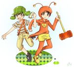  2boys :d boy brown_eyes brown_hair chapolin chaves el_chapulin_colorado el_chapulin_colorado_(character) el_chavo el_chavo_del_8 el_chavo_del_8_(character) fake_antennae hammer happy hat heart hood leggings looking_at_viewer mexico multiple_boys open_mouth sandwich short_hair shorts shorts_over_leggings simple_background smile superhero suspenders toy_hammer white_background 