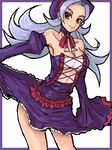  artist_request border bow breasts brown_eyes choker corset detached_sleeves elizabeth_(wild_arms) grey_hair hat long_hair lowres medium_breasts necktie oekaki outside_border purple_border purple_skirt purple_sleeves ribbon simple_background skirt smile solo source_request white_background wild_arms wild_arms_1 