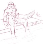  aaron alligator balls big_balls claws erection fangs gator goggles male muscles nude penis reptile scalie sheath sitting sketch solo spread_legs spreading tail 