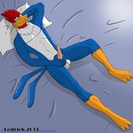  avian beak bed blue blue_feathers fedrick green_eyes looking_at_viewer male penis solo woodpecker woody_woodpecker 