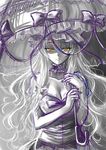  breasts choker cleavage collarbone hat large_breasts long_hair looking_at_viewer monochrome okitakung sketch slit_pupils smirk solo spot_color touhou umbrella yakumo_yukari yellow_eyes 