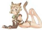  :&lt; animal_ears ass barefoot blonde_hair branch_(blackrabbits) cat_ears crop_top elbow_gloves face facial_mark feet final_fantasy final_fantasy_xi fingerless_gloves gloves green_eyes hands legs_up lying messy_hair mithra on_stomach panties short_hair solo tail the_pose underwear 