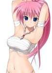  adjusting_hair armpits arms_behind_head arms_up bandages blue_eyes blush breasts chain closed_mouth jewelry light_smile long_hair looking_at_viewer lyrical_nanoha mahou_shoujo_lyrical_nanoha mahou_shoujo_lyrical_nanoha_a's mahou_shoujo_lyrical_nanoha_strikers medium_breasts mikuni_mizuki navel necklace panties pendant pink_hair ponytail sarashi signum simple_background solo stomach tsurime underwear underwear_only upper_body white_background white_panties 