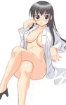  black_hair blue_eyes blush breasts copyright_request crossed_legs glasses high_heels hirose_(mokiki) large_breasts legs long_hair long_legs naked_shirt open_clothes open_mouth open_shirt shirt shoes sitting solo thighs 