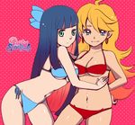  2girls bikini blonde_hair blue_eyes blue_hair bow breasts cleavage english frown green_eyes hair_bow hand_on_hip hips hug long_hair multicolored_hair multiple_girls panty_&amp;_stocking_with_garterbelt panty_(character) panty_(psg) pink_hair smile stocking_(character) stocking_(psg) swimsuit very_long_hair 