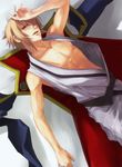  arc_system_works blazblue blazblue:_calamity_trigger blonde_hair chest coat green_eyes jin_kisaragi kisaragi_jin male male_focus open_clothes open_shirt shirt short_hair smirk solo tunic 