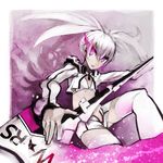  aco_(koaya_ako) bikini_top black_rock_shooter black_rock_shooter_(game) burning_eye flat_chest glowing purple_eyes scythe short_shorts shorts solo thighhighs weapon white_hair white_legwear white_rock_shooter 