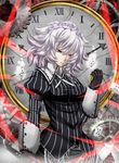  alternate_costume archienemy braid card card_with_aura clock falling_card gears gloves izayoi_sakuya koumajou_densetsu koumajou_densetsu_1 koumajou_densetsu_2 maid maid_headdress pocket_watch red_eyes short_hair silver_hair solo striped touhou vertical_stripes watch 