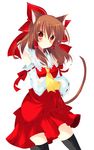  animal_ears bad_id bad_pixiv_id brown_eyes brown_hair cat_ears cat_tail detached_sleeves hakurei_reimu kisaragi_kiriha solo tail thighhighs touhou 