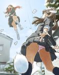  brown_hair day from_below jumping kneehighs multiple_girls original panties pantyshot pink_panties power_lines scarf school_uniform sky snow snowball snowball_fight tnt_(aaaazzzz) traffic_mirror twintails underwear upskirt winter 