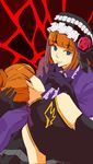  bad_id bad_pixiv_id bare_shoulders blue_eyes bow china_dress chinese_clothes dress elbow_gloves eringi_oishii eva_beatrice flower gloves hair_bun hat holding_head multiple_girls orange_hair red_flower red_rose ribbon rose umineko_no_naku_koro_ni ushiromiya_eva 