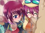  2girls 4boys blowjob blue_eyes blush censored eyes_closed fellatio fiona_gureden gangbang goggles group_sex hat mizuho_saiki multiple_boys multiple_girls oral penis raburebo red_hair short_hair super_robot_wars 