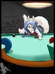  arctic-sekai arctic-sekai_(character) bent_over blue_hair breast_squish canine female hair pool_ball pool_table solo tail white wolf 