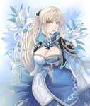  bad_id bad_pixiv_id blonde_hair breasts cleavage cropped_jacket dress flower large_breasts lily_(flower) long_hair ponytail ran_(sterngeistig) serious shin_sangoku_musou solo wang_yuanji yellow_eyes 