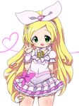  bad_id bad_pixiv_id blonde_hair blush braid brooch choker cure_rhythm dress earrings frills green_eyes hair_ribbon hairband heart heart_of_string jewelry long_hair magical_girl meiro_(yuu) minamino_kanade precure ribbon simple_background smile solo suite_precure v white_choker 