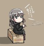  animal_ears artist_request box cardboard_box cigarette elizabeth_f_beurling grey_eyes grey_hair long_hair lowres on_box pantyhose sitting sitting_on_box smoking solo translated world_witches_series 