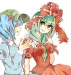  bad_id bad_pixiv_id blue_hair bow front_ponytail green_eyes green_hair hair_bobbles hair_bow hair_ornament kagiyama_hina kawashiro_nitori multiple_girls touhou two_side_up upper_body yuura 