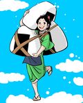  :d babywearing black_hair cloud day food hair_up japanese_clothes kimono nakai_(waitress) nippori_honsha onigiri open_mouth original oversized_food oversized_object sky smile solo tasuki 