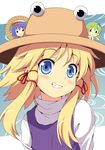  :&lt; absurdres black_eyes blonde_hair blue_eyes blush closed_mouth detached_sleeves eyebrows_visible_through_hair frog frog_hair_ornament green_hair grin hair_ornament hair_tubes hat highres kochiya_sanae leaf_hair_ornament long_hair looking_at_viewer moriya_suwako multiple_girls purple_hair purple_vest red_ribbon ribbon rope shimenawa short_hair sidelocks smile smirk snake_hair_ornament touhou turtleneck v-shaped_eyebrows vest yamasan yasaka_kanako 