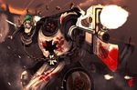  adepta_sororitas adeptus_astartes armor battlefield bayonet black_templars blue_hair bolter chain cross cross_(guncross) crossover fusion gun helmet kasugano_midori laser_sight midori_no_hibi minigirl pauldrons red_eyes skull smoke sword warhammer_40k weapon 