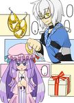  1girl baggy_clothes blue_eyes blush choker crescent dress frills gift glasses hat jewelry light_smile long_hair long_sleeves morichika_rinnosuke necktie open_mouth patchouli_knowledge pink_dress purple_hair ribbon sag_(karehabase) short_hair silver_hair touhou very_long_hair yellow_eyes 