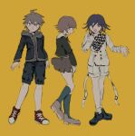  3boys alternate_costume bangs black_hair black_jacket black_legwear brown_hair buttons checkered checkered_neckwear checkered_scarf closed_mouth commentary_request danganronpa:_trigger_happy_havoc danganronpa_(series) danganronpa_v3:_killing_harmony double-breasted from_side fujisaki_chihiro full_body green_shirt grey_jacket grey_shorts hair_between_eyes highres hood hoodie jacket kneehighs long_sleeves male_focus medium_hair miniskirt multiple_boys naegi_makoto open_clothes open_jacket open_mouth otoko_no_ko ouma_kokichi profile scarf sema_(vivaviva_02) shirt shoes short_hair shorts simple_background skirt sneakers yellow_background 