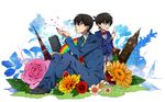  bad_id bad_pixiv_id black_hair blue_eyes bow bowtie building cherry_blossoms child dual_persona edogawa_conan elizabeth_tower flower formal glasses groundsel kudou_shin'ichi landmark male_focus meitantei_conan multiple_boys necktie petals pink_flower pink_rose rainbow ro_k_ko_tsu rose senecio sitting standing suit sunflower tokyo_tower yellow_weed 