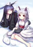  animal_ears bare_legs black_hair bunny bunny_ears bunny_tail downblouse highres hiraga_matsuri japanese_clothes long_hair looking_at_viewer multiple_girls one_eye_closed original red_eyes short_hair sitting smile snow sweat tail white_hair 
